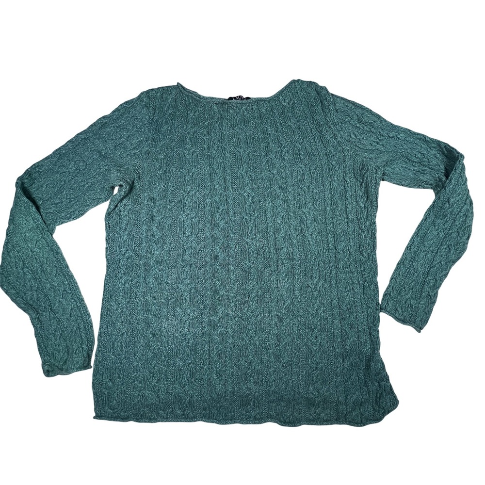 Lauren Ralph Lauren Sweater Women L Green Cable Knit Lightweight Roll Neck